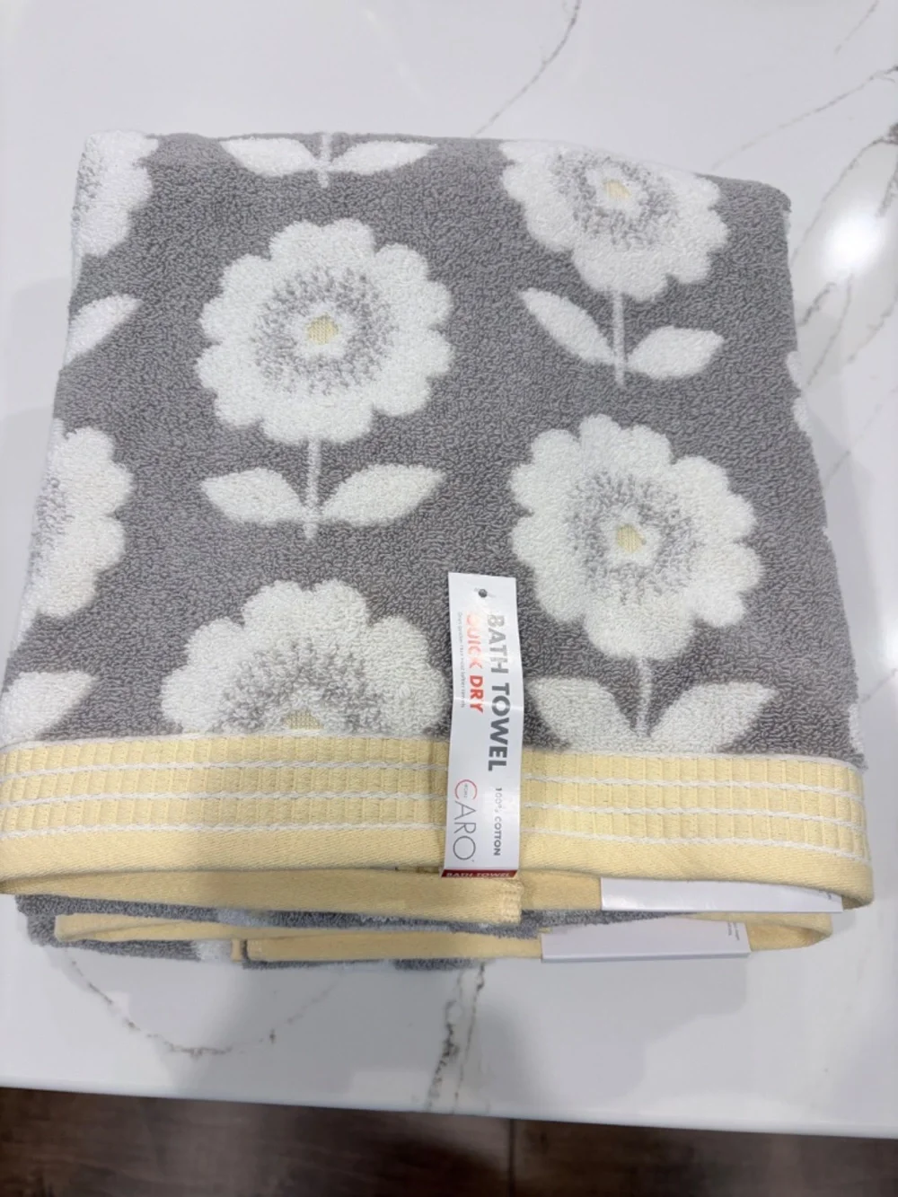 2 NWT Caro Bath Towels gray, yellow and white floral pattern